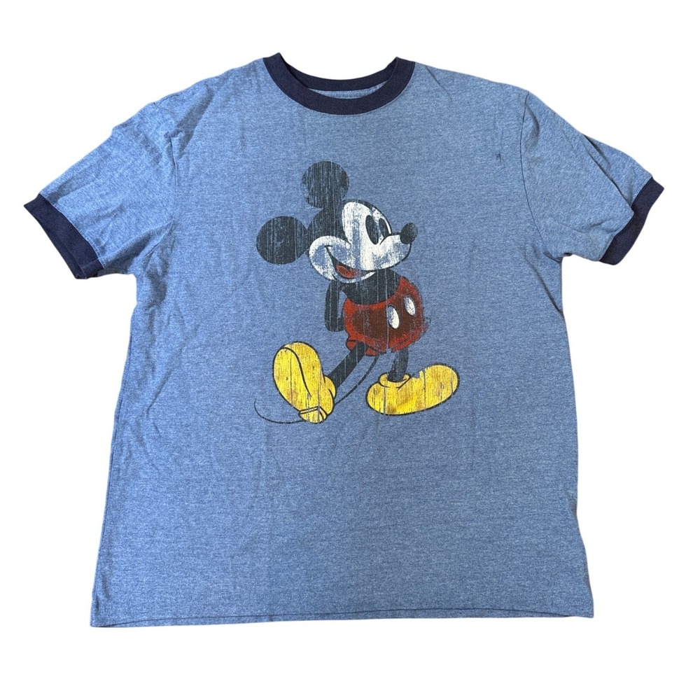 Disney Mickey Mouse T-Shirt Mens Blue Vintage Distressed Ringer Tee SIZE M